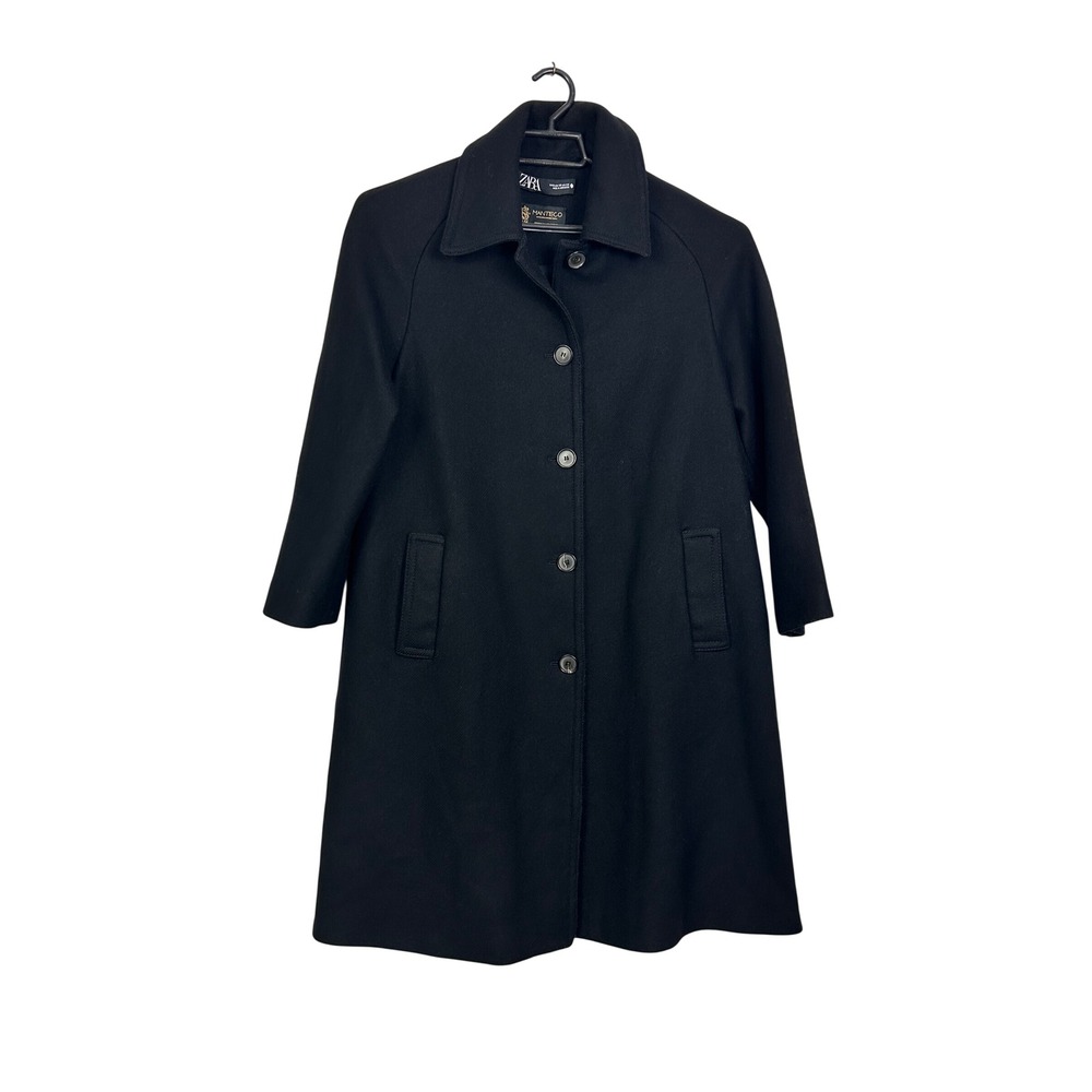Zara Wool Coat Womens XS Black Manteco Premium Fabric Button Front A-Line Jacket